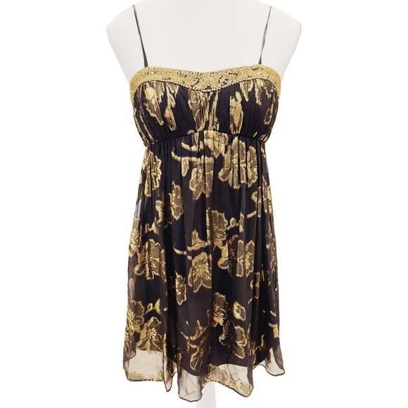 VTG Y2K 90s Cache BLK Gold Silk Babydoll Cocktail Dress Beaded WhimsyGoth XS-2 - Picture 1 of 11